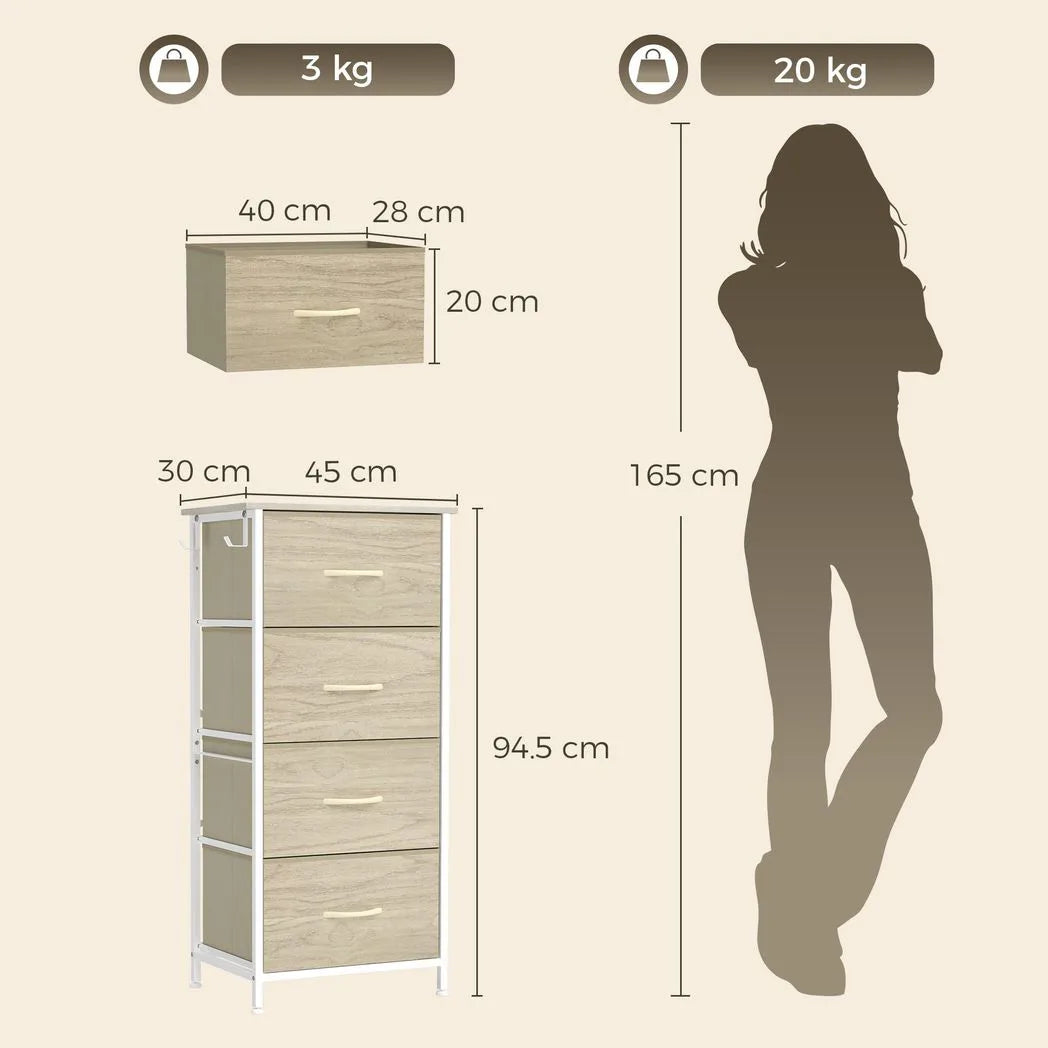 HOMCOM Tall Chest of Drawers with 4 Fabric Drawers, 4 Pockets & 2 Hooks – Steel Frame Storage, Natural Wood