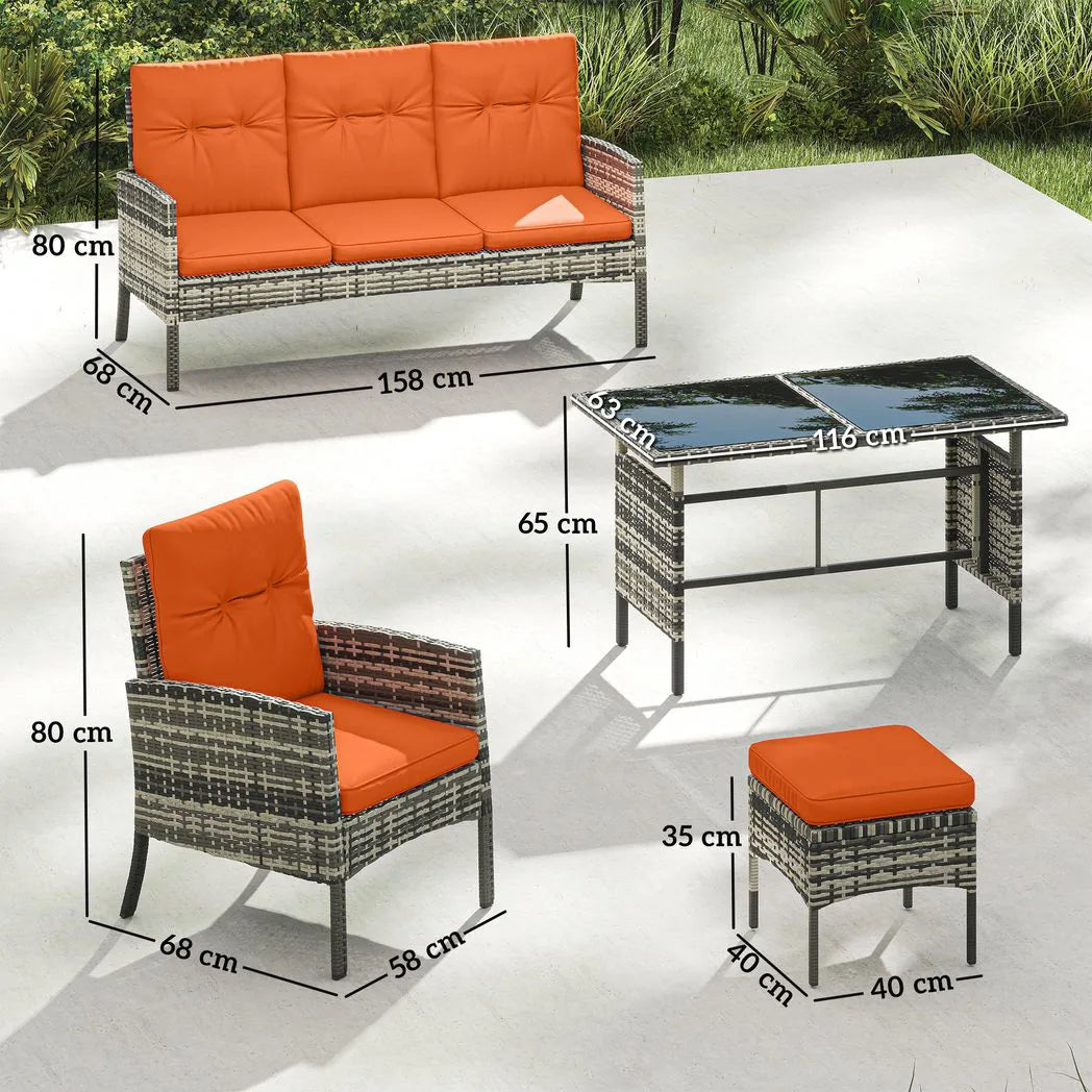 Outsunny 6 Piece Rattan Garden Sofa and Dining Set with Glass Table and Cushions, Orange