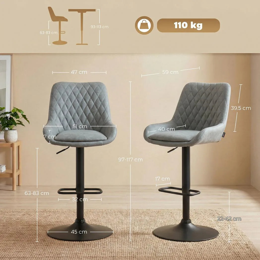 HOMCOM Set of 2 Retro Faux Leather Bar Stools with Swivel Seat & Adjustable Height – Diamond Tufted, Light Grey