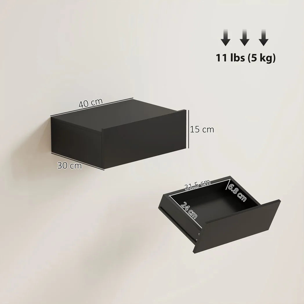 HOMCOM Floating Bedside Tables Set of 2 with Storage Drawer – Wall-Mounted Nightstands, Black