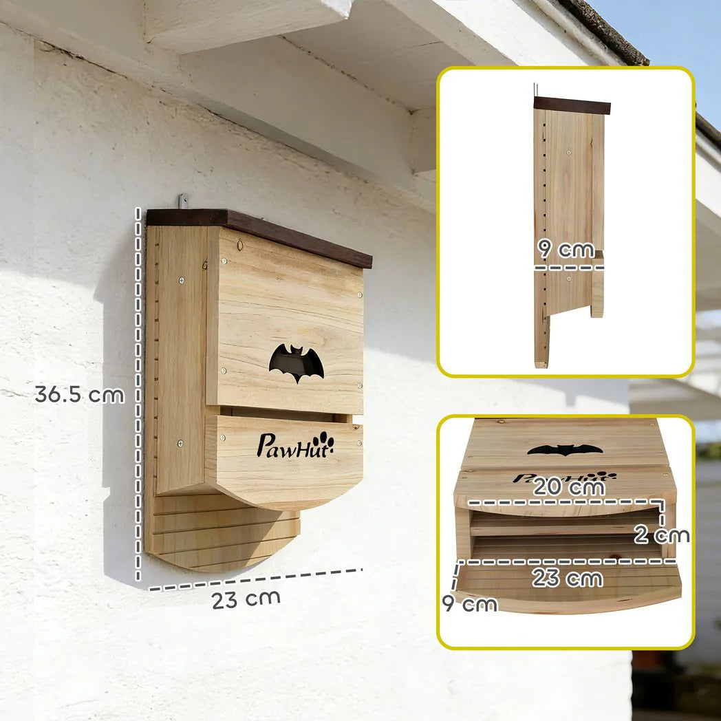 PawHut Bat Boxes, Pack of 3 Wooden Bat Houses with Hanging Hook – Garden Wildlife Roosts, Natural