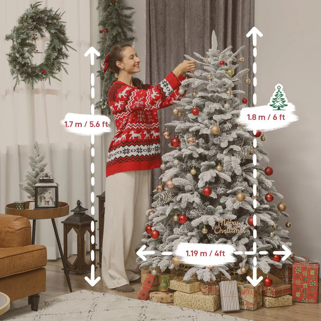 HOMCOM 6ft Artificial Flocked Christmas Tree with 1182 Branches – Hinged Xmas Tree, Foldable Metal Stand