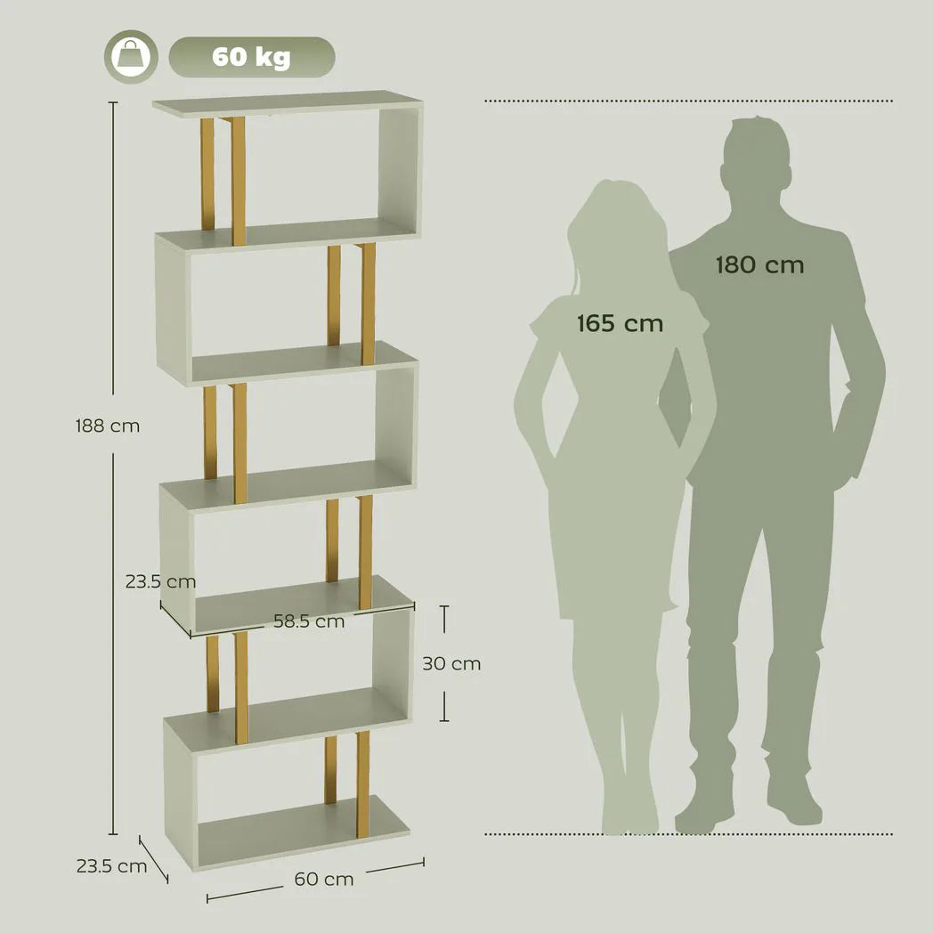 HOMCOM S-Shaped 6-Tier Bookshelf with Anti-Tip Strap – Freestanding Open Display Shelves for Living Room, Light Green