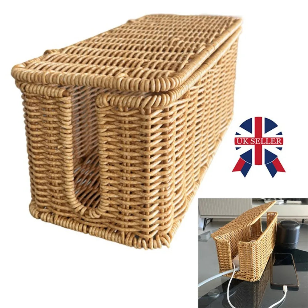Wicker-Style Cable Management Box with Hinged Lid – Rattan-Effect Plug Socket and Power Strip Cover Organiser