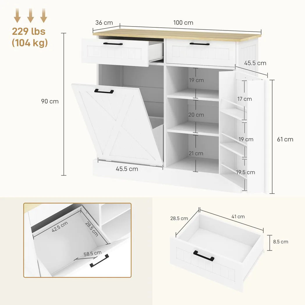 HOMCOM Farmhouse Kitchen Sideboard with Tilt-Out Rubbish Bin, 2 Drawers and Adjustable Shelves, White