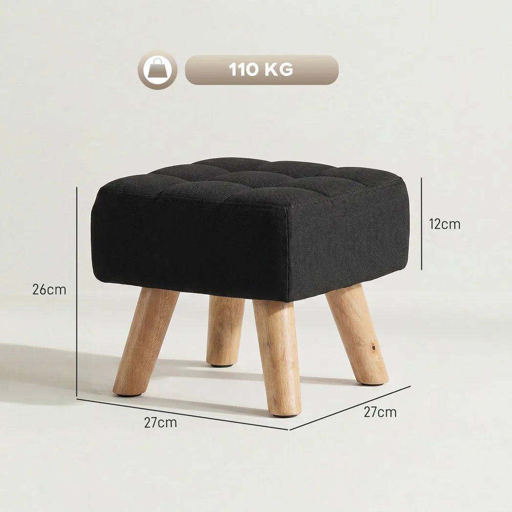 HOMCOM Linen-Look Square Padded Footstool with Wooden Legs – Leg Rest and Vanity Stool, Black