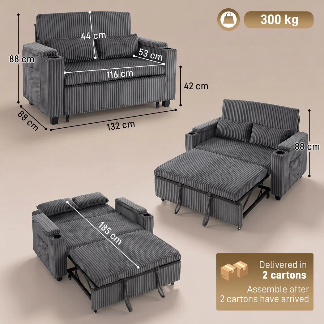 HOMCOM 2 Seater Sofa Bed with 5-Position Backrest, Storage Armrest and Cup Holders – Corduroy Sleeper, Dark Grey