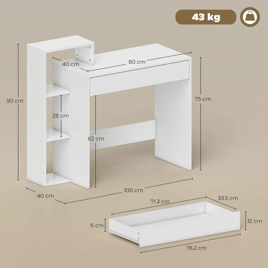HOMCOM Computer Desk with 3 Open Shelves and Drawer – Compact Home Office Workstation, White