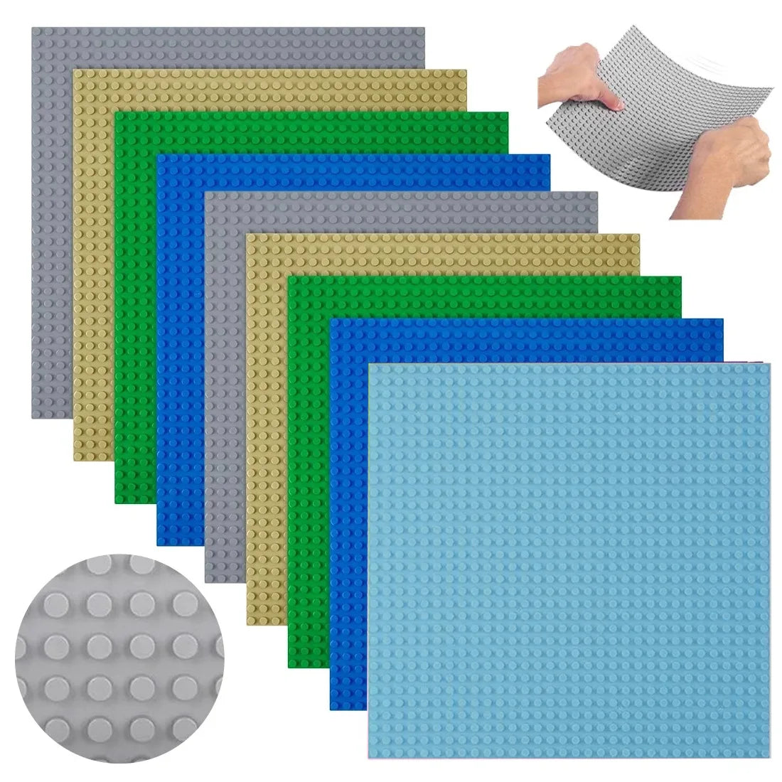 9 Piece Building Brick Baseplate Set, 25.5 x 25.5cm – Compatible Toy Base Boards, Multicolour