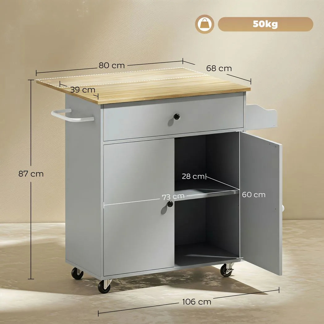 HOMCOM Rolling Kitchen Island with Drop Leaf, Drawer, Spice Rack and Towel Rack – Kitchen Storage Trolley, Grey