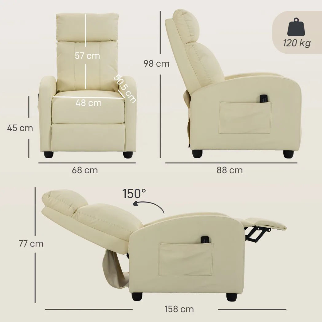 HOMCOM Massage Recliner Armchair with Push Back Reclining, Leg Rest & Side Pocket – Faux Leather, Cream
