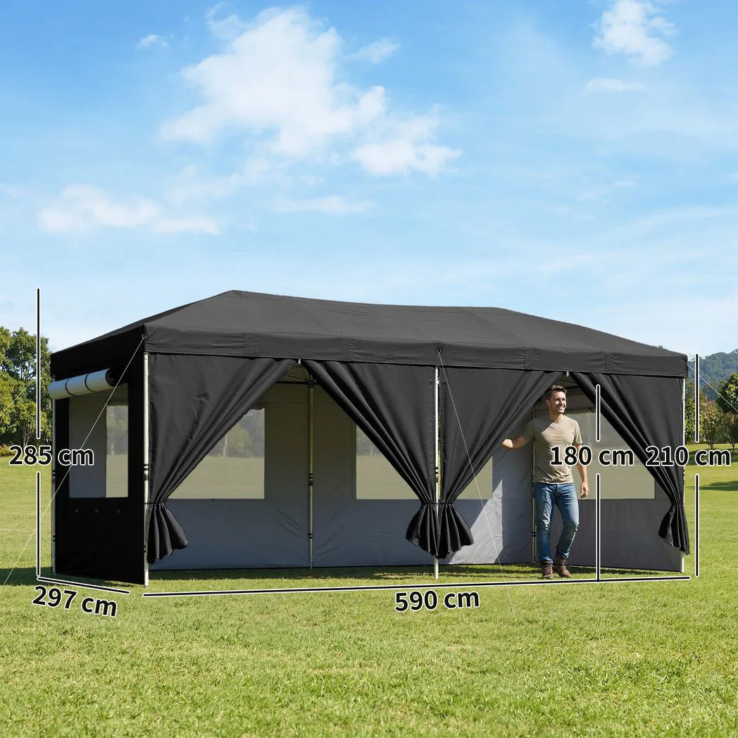 Outsunny 3 x 6m Pop Up Gazebo with 6 Sidewalls and Wheeled Bag, UPF 50, Black