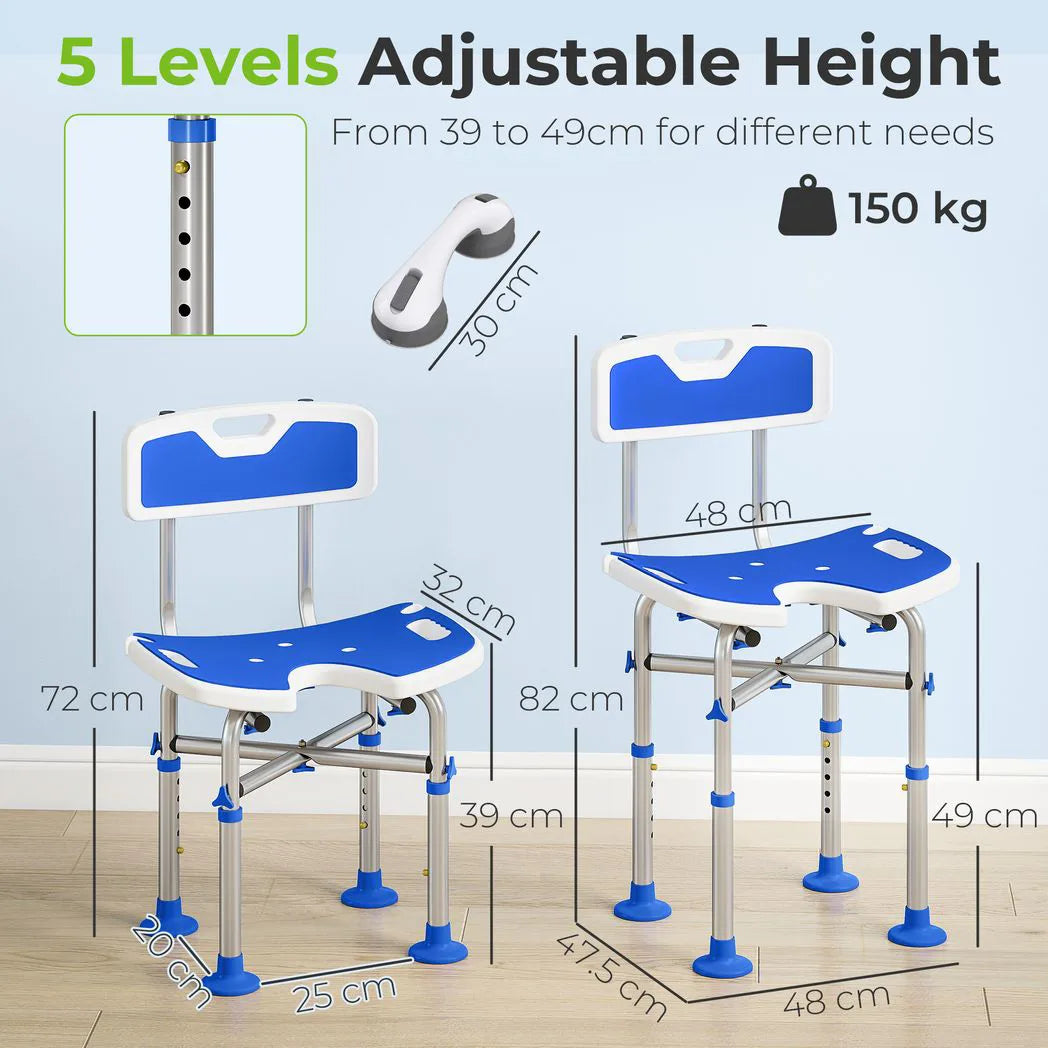 HOMCOM Shower Chair with U-Shaped Cutout, Padded Seat and Backrest, 150kg Capacity – Height Adjustable, Blue