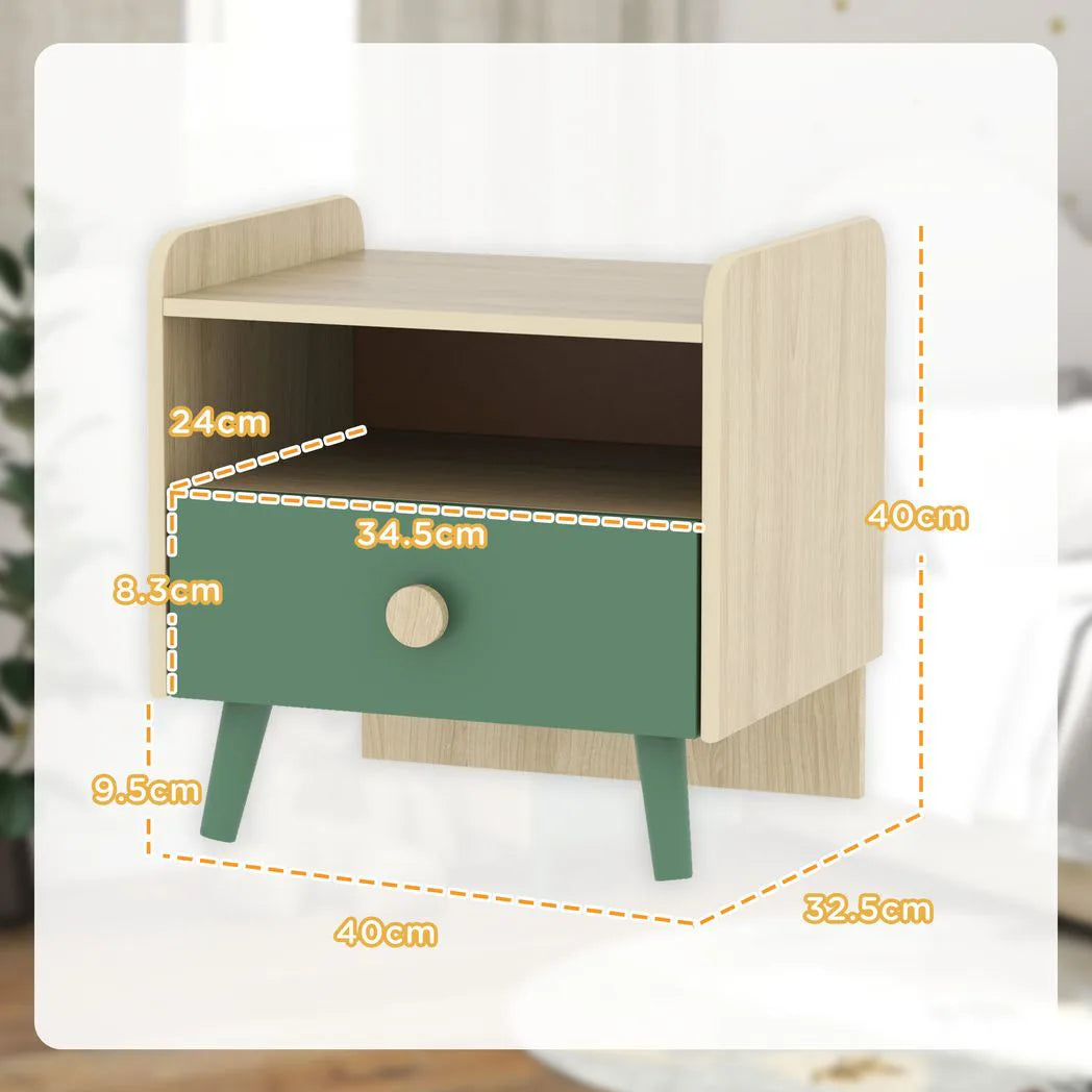 AIYAPLAY Kids Bedside Table with Drawer and Open Storage Shelf – Wooden Nightstand for Children's Bedroom, Green