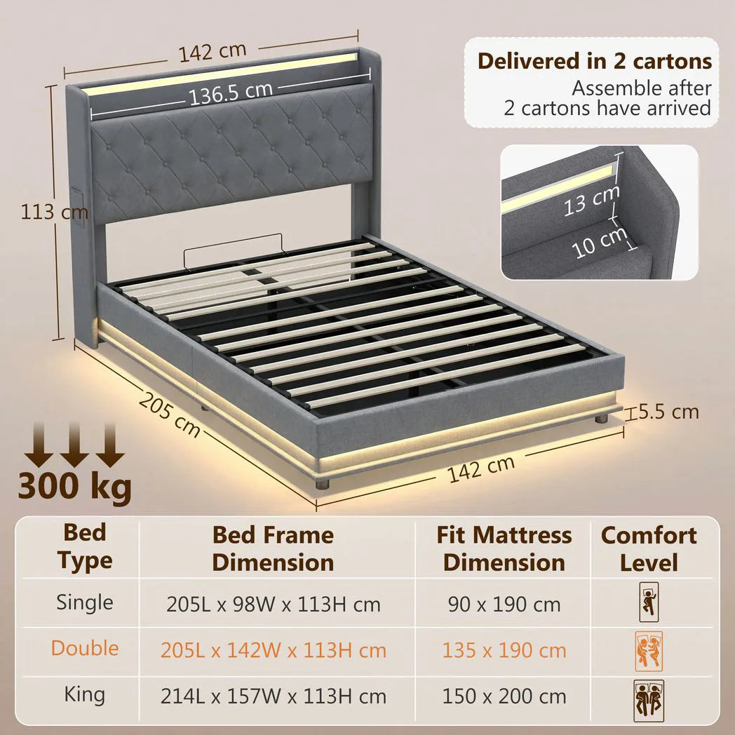 HOMCOM 4ft6 Double Ottoman Bed Frame with Hydraulic Storage, RGB LED Lights and USB Charging – Grey