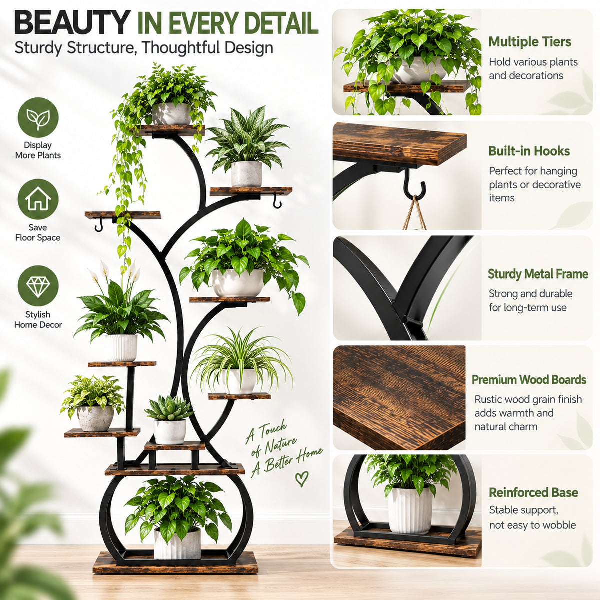Tree-Shaped Plant Stand with 4 Grow Lights and Wheels – Black Iron & Weathered Wood Multi-Tier Rack