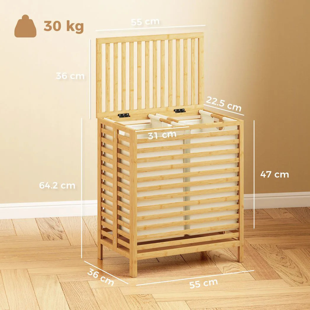 HOMCOM 64L Bamboo Laundry Basket with Lid, 2 Removable Liners – Foldable Hamper, Natural and Cream White