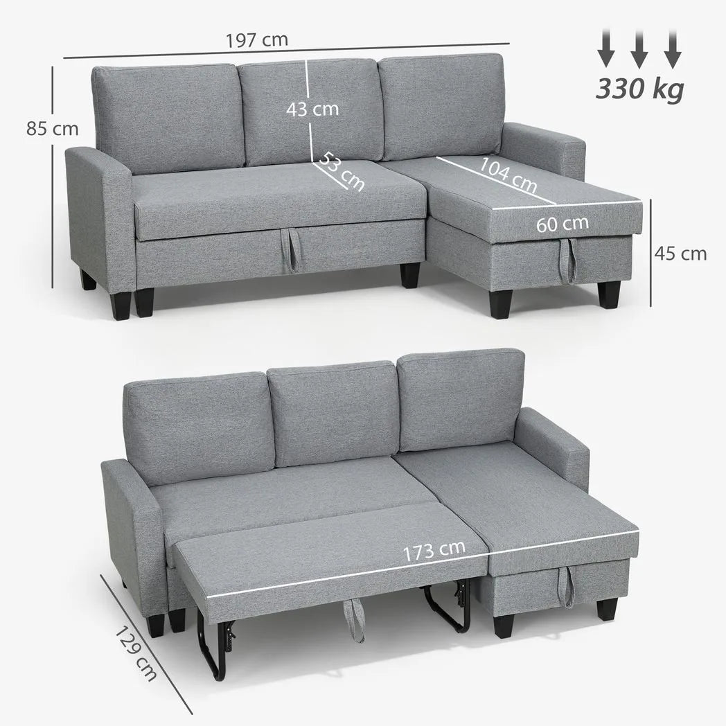 HOMCOM Three-Seater Storage Sofa Bed with Chaise & Linen-Look Upholstery – Fold-Out Sofa Bed, Grey