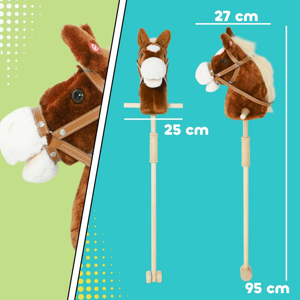 AIYAPLAY Stick Horse with Wooden Wheels, Galloping and Neighing Sounds, Grip Handle – 95 cm, Brown