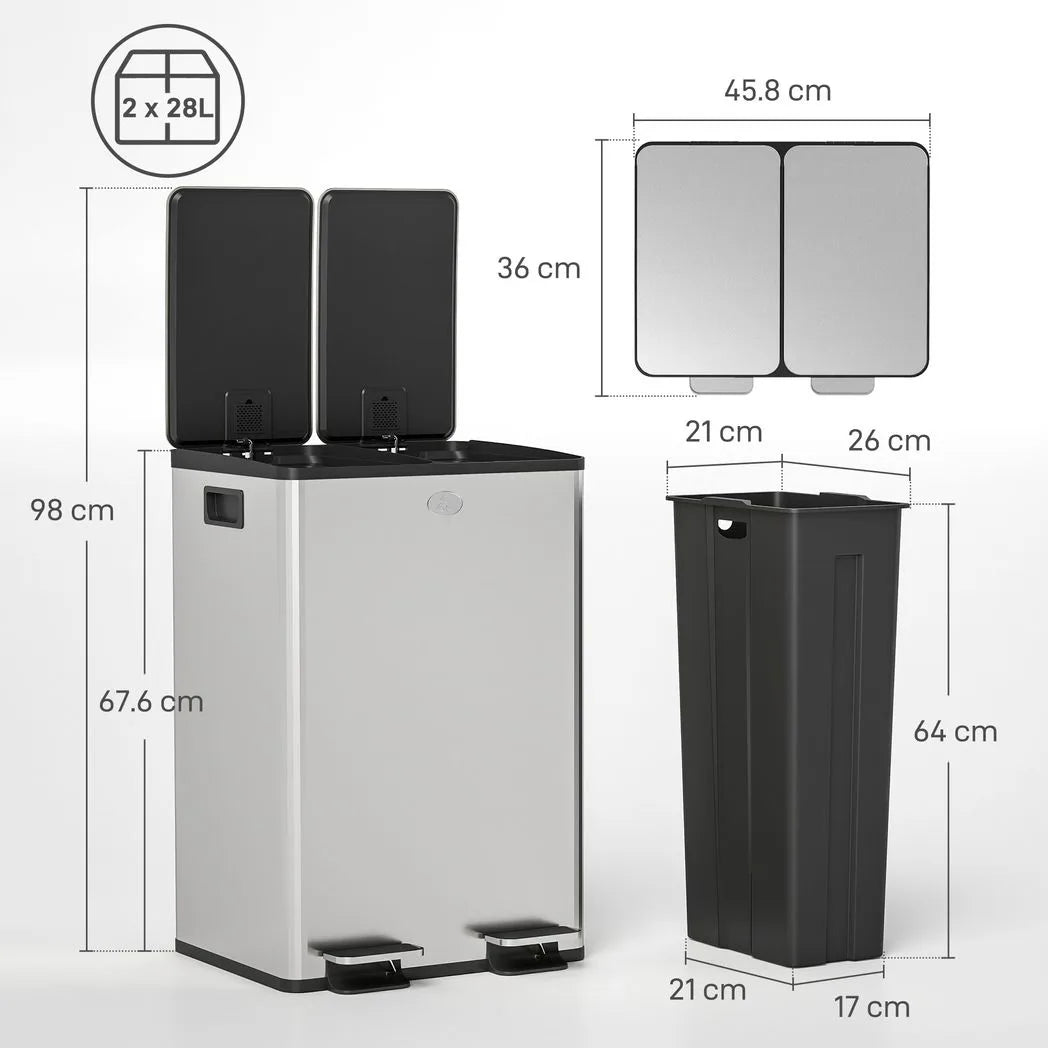 HOMCOM 56L Dual Compartment Pedal Bin with Deodoriser Holders & Soft-Close Lid – Stainless Steel