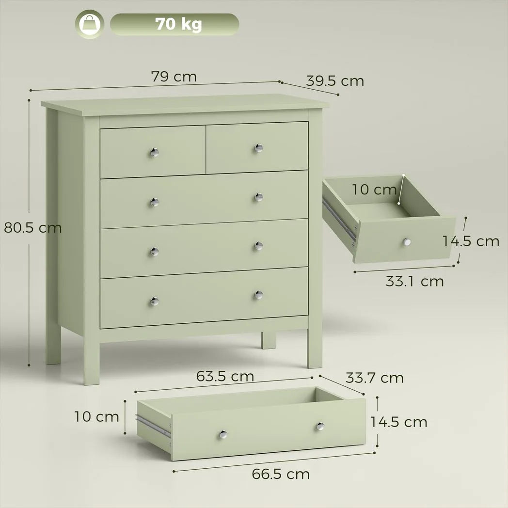 HOMCOM 5 Drawer Chest of Drawers with Glide Runners – Modern Bedroom and Hallway Storage Unit, Sage Green