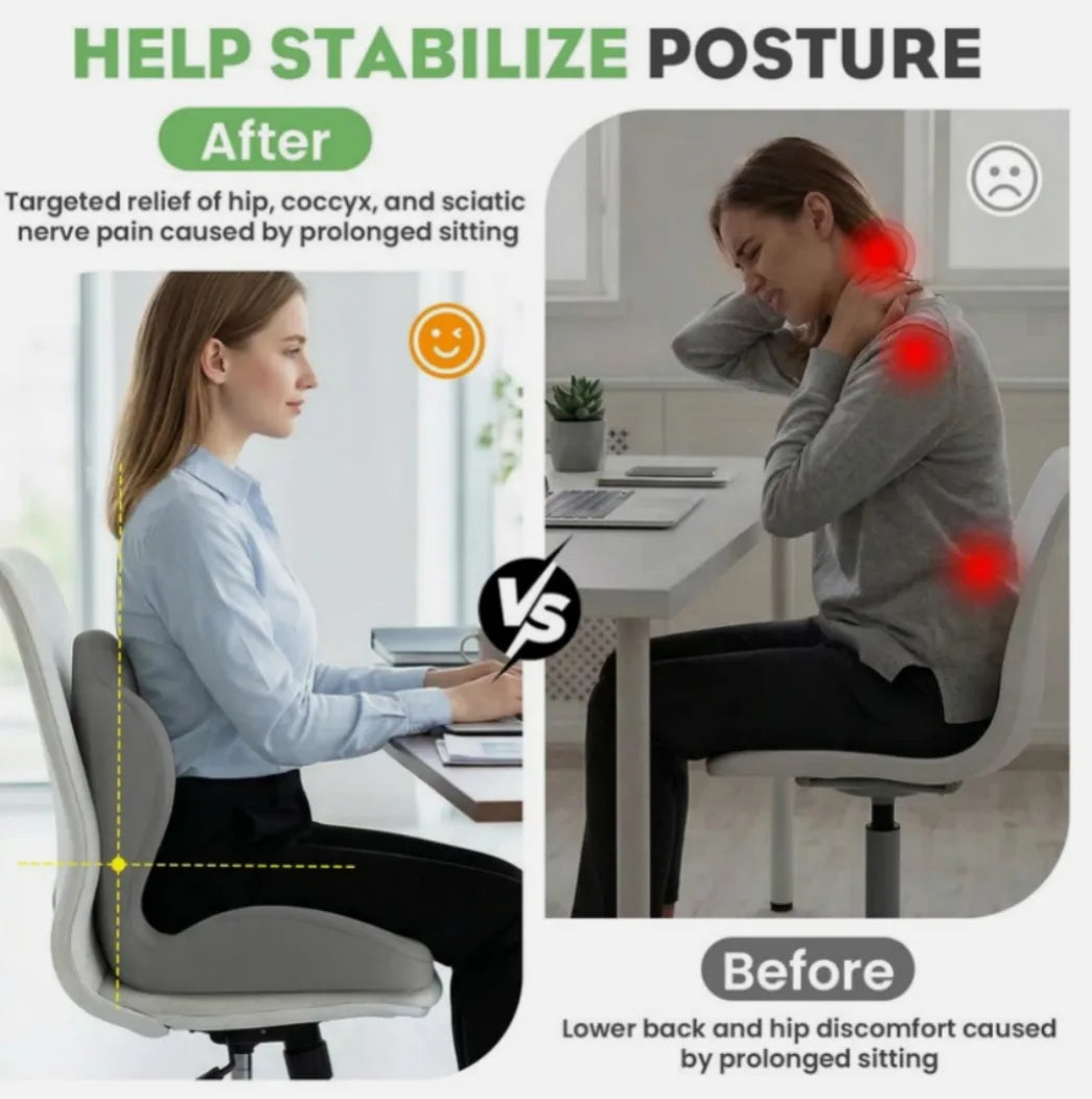 2-in-1 Ergonomic Memory Foam Back and Seat Cushion with Lumbar Support – L-Shaped, Non-Slip Base, Grey