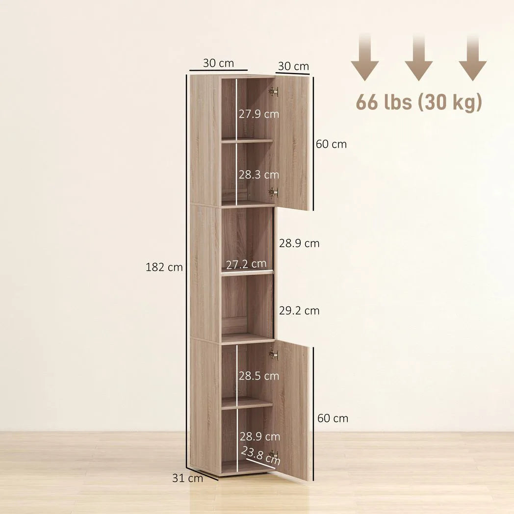 HOMCOM 6-Tier Tall Bathroom Cabinet with Fluted Doors & Adjustable Shelves – Slim Nordic Storage, Natural