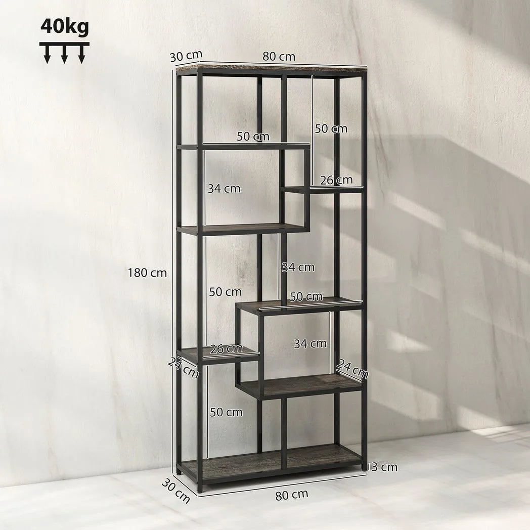 HOMCOM Seven-Tier Geometric Bookcase with Asymmetrical Open Shelves and Anti-Tipping Device – Grey and Black