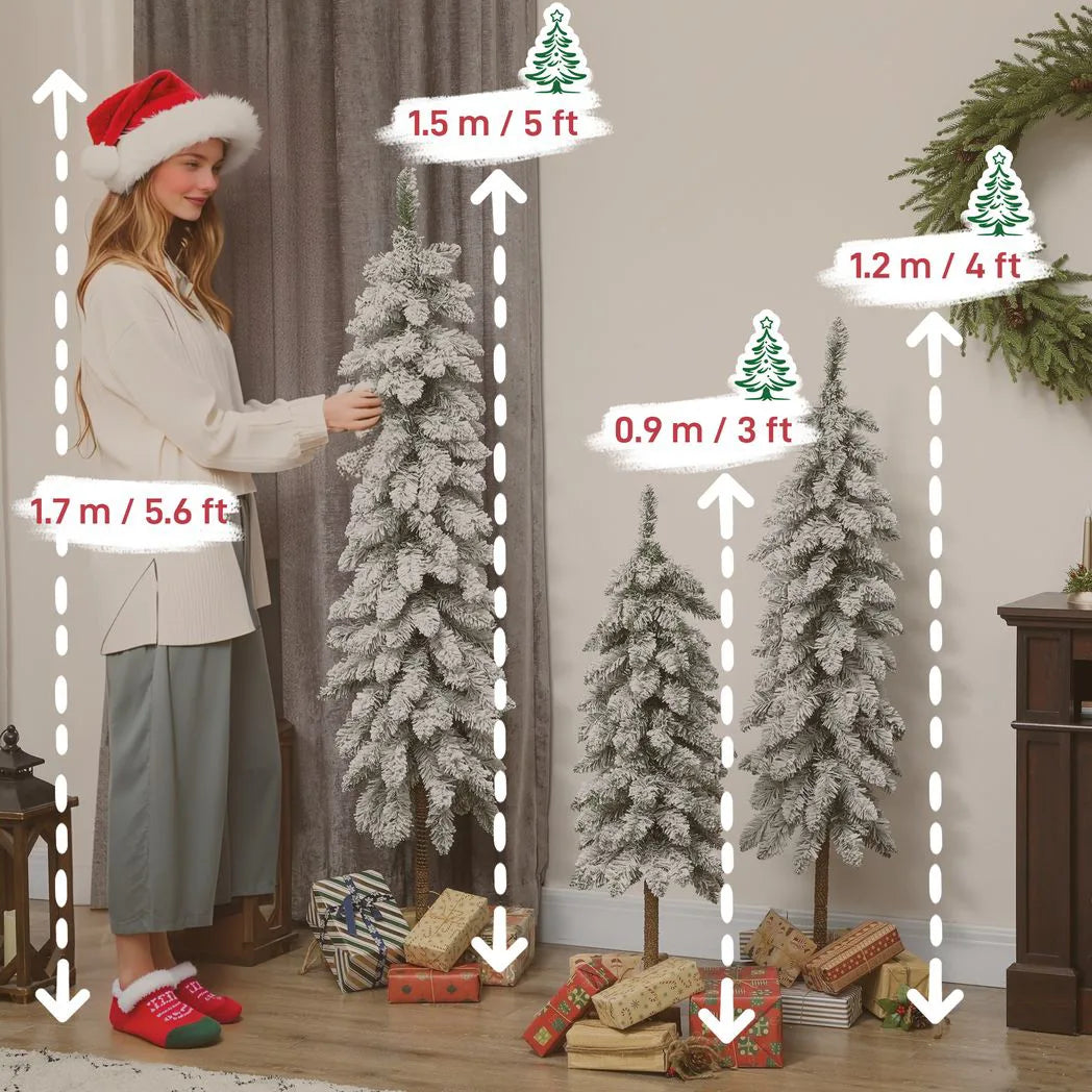 HOMCOM Flocked Pencil Christmas Trees, Set of 3 – 3ft, 4ft and 5ft Slim Snowy Artificial Trees