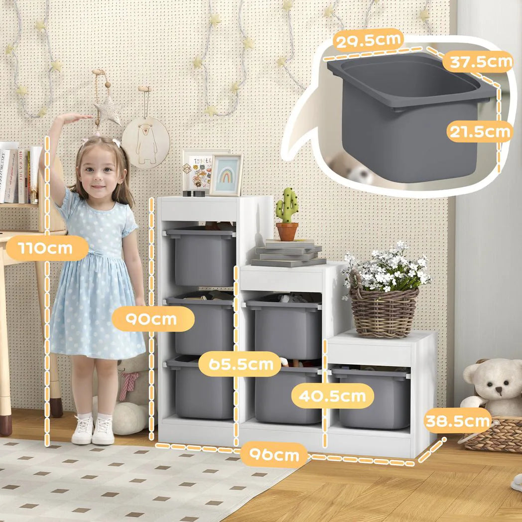 AIYAPLAY 3-Tier Kids Toy Storage Organiser with 6 Removable Bins – Grey, Ages 3-8