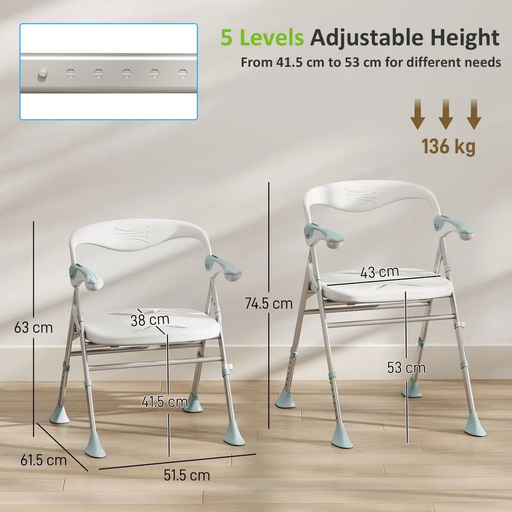 HOMCOM Foldable Shower Chair with Flip-Up Armrests, Adjustable Height & Non-Slip Feet, 136 kg