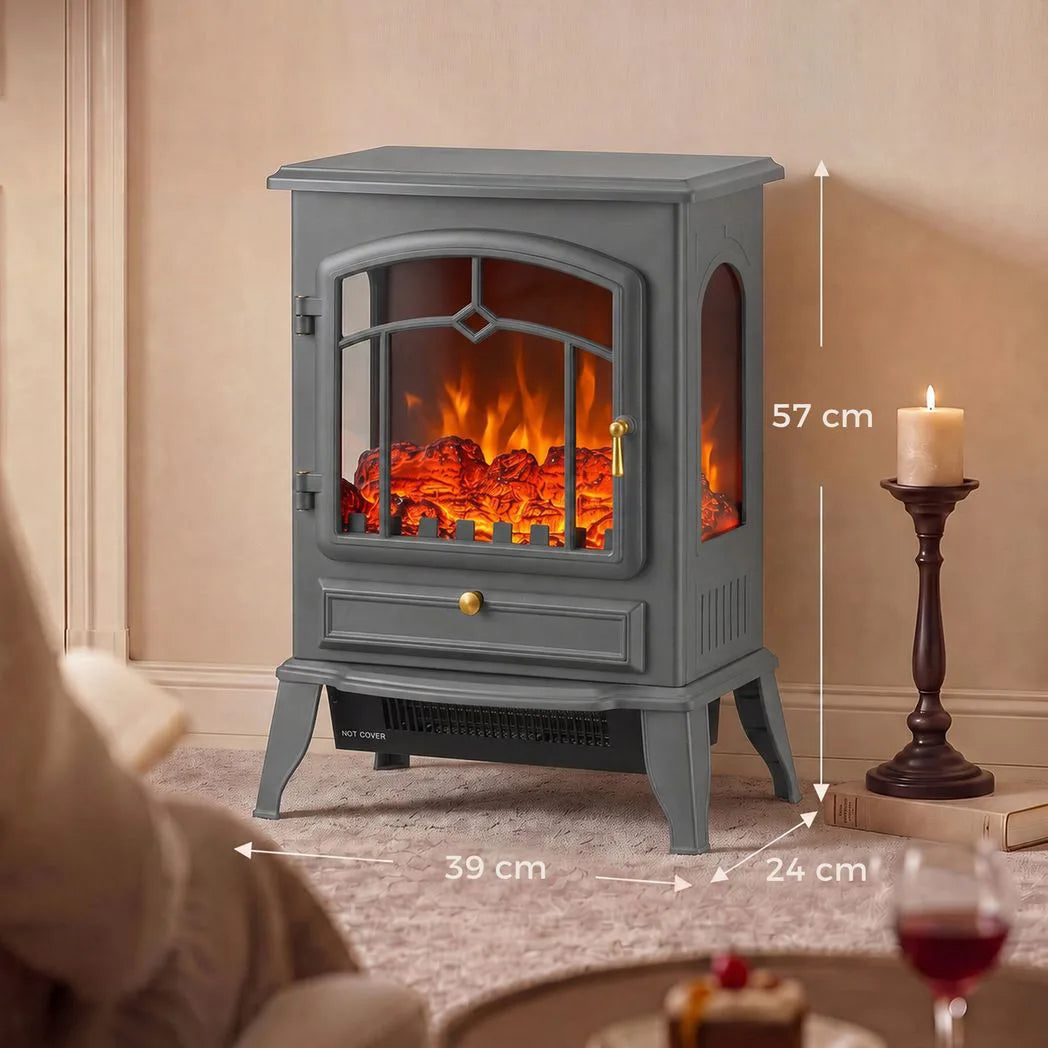 HOMCOM 1000/2000W Electric Fireplace Stove with 3D Flame Log and Thermostat – Freestanding Heater, Grey