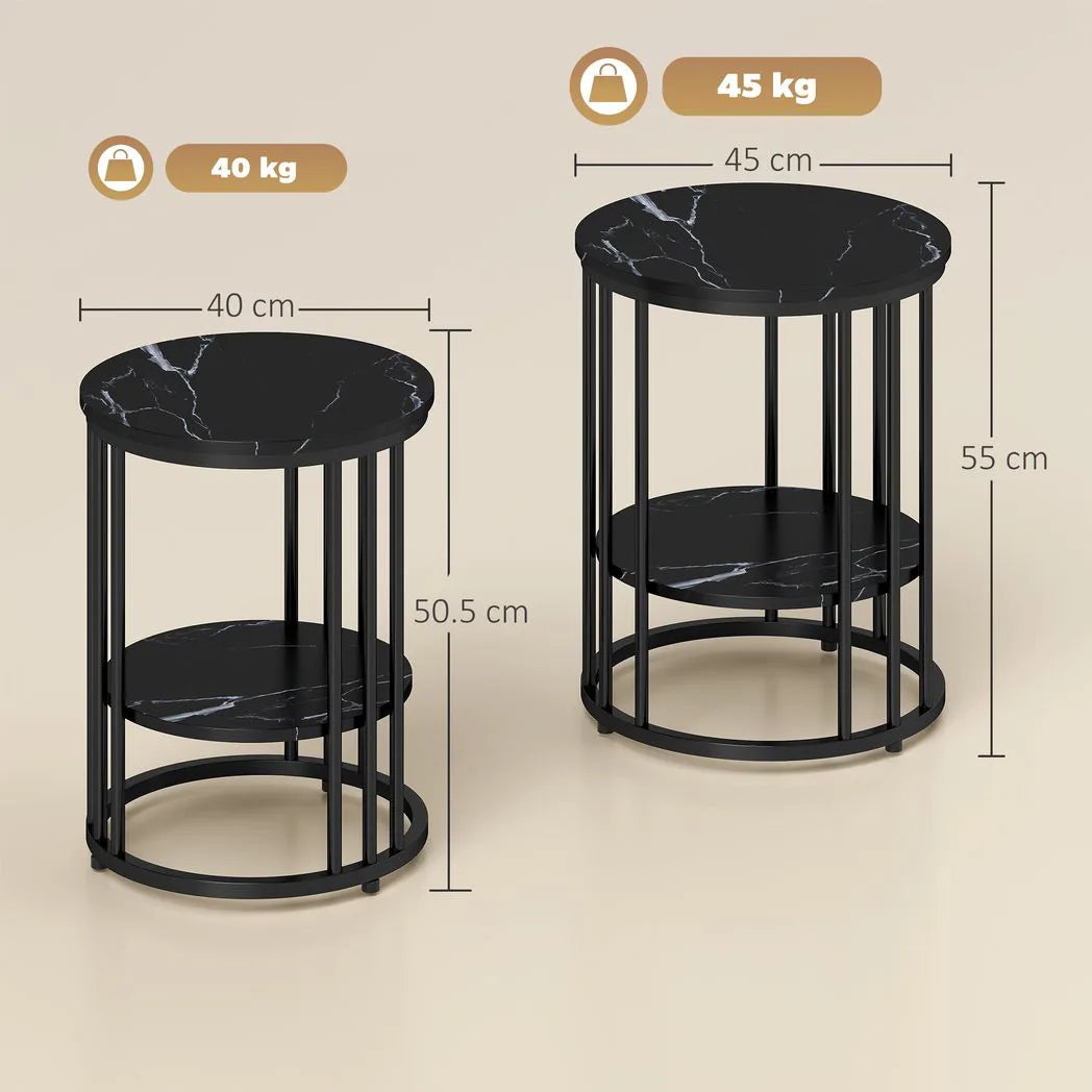 HOMCOM Set of 2 Round Marble-Effect Coffee Tables with Black Steel Legs and Bottom Shelf – Two-Tier