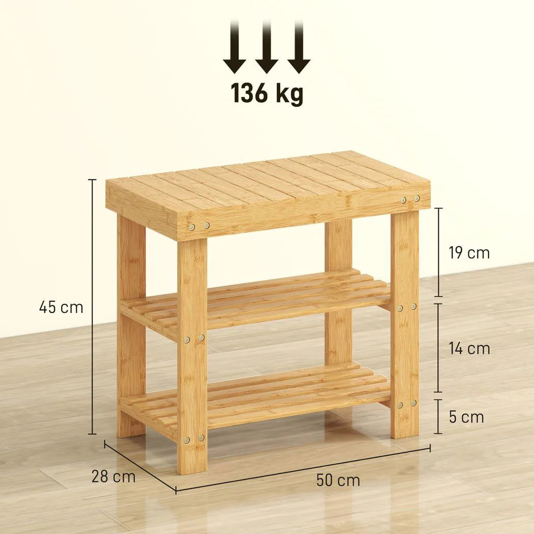 HOMCOM 2-Tier Bamboo Shoe Storage Bench – Slatted Shelves, Natural Finish
