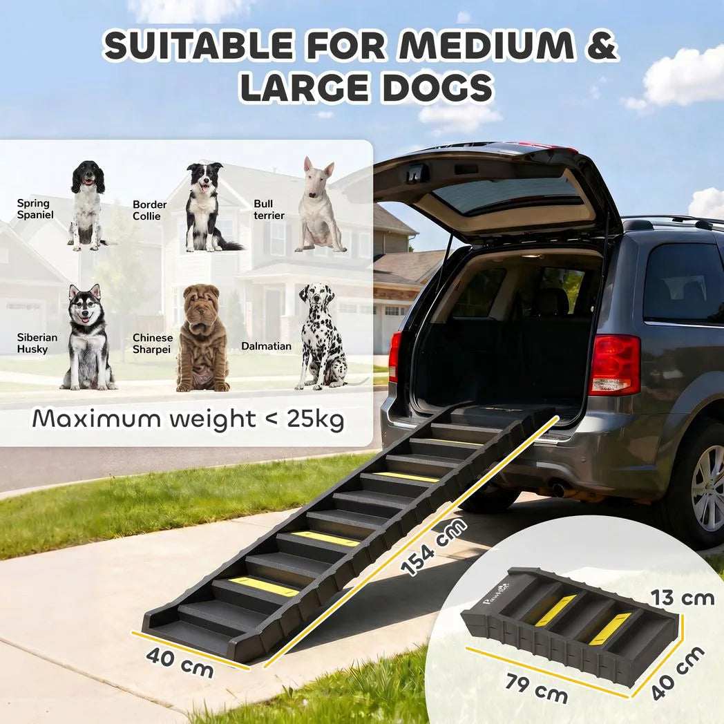 PawHut Folding Dog Car Ramp with 10 Anti-Slip Steps, 154cm – Pet Stairs for Cars, Trucks & High Beds, Black