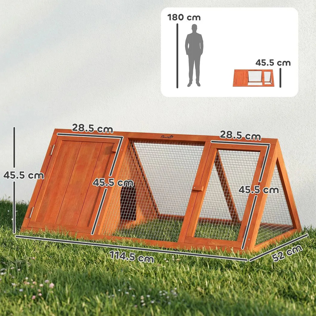 PawHut Wooden Rabbit Hutch with Run & Two Access Doors – Outdoor Triangular Guinea Pig House