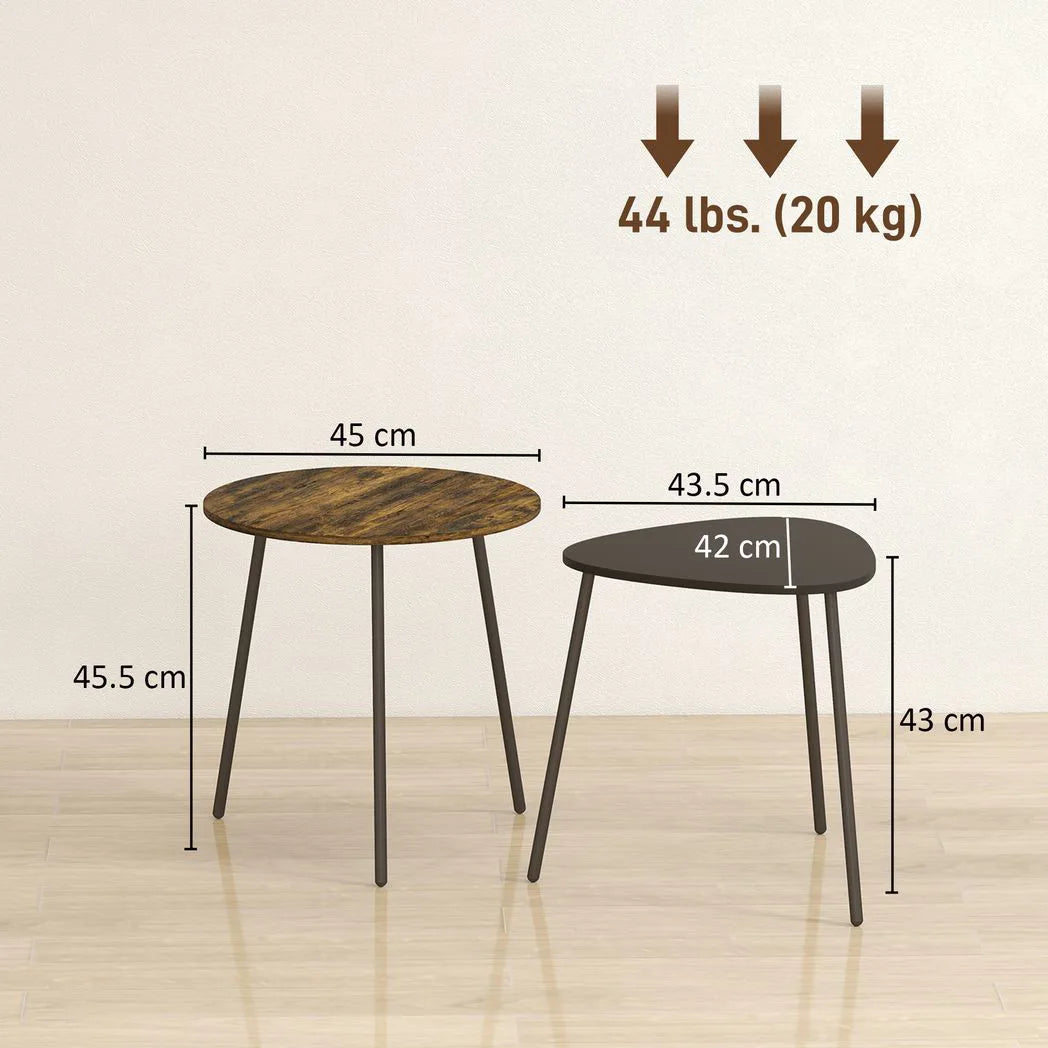 HOMCOM Nesting Side Table Set of 2 with Round and Triangle Tables – Space-Saving Metal Leg Design, Rustic Brown