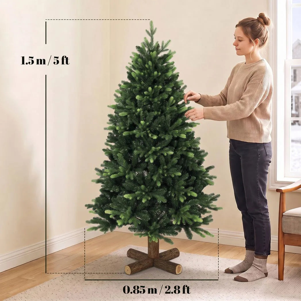 HOMCOM 5ft Hinged Artificial Christmas Tree with 1620 PE and PVC Tips and Fir Wood Base, Green