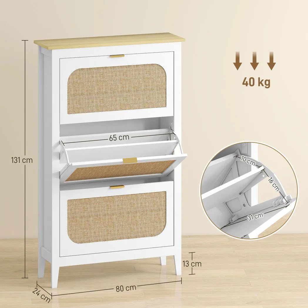 HOMCOM Boho Slim Shoe Cabinet with 3 Flip Drawers and Rattan Doors – Holds 21 Pairs, White