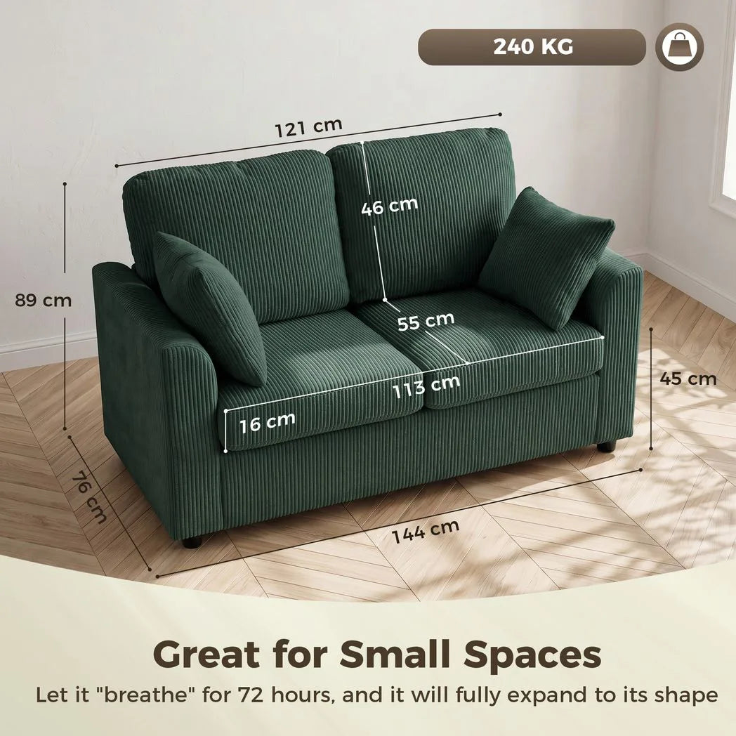 HOMCOM 2 Seater Corduroy Sofa with Pocket Spring Cushion – Compact Loveseat, Dark Green