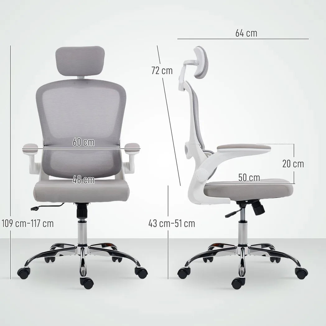 HOMCOM Mesh Back Office Chair with Lumbar Support, Headrest & Flip-Up Armrests – Ergonomic Desk Chair, Grey