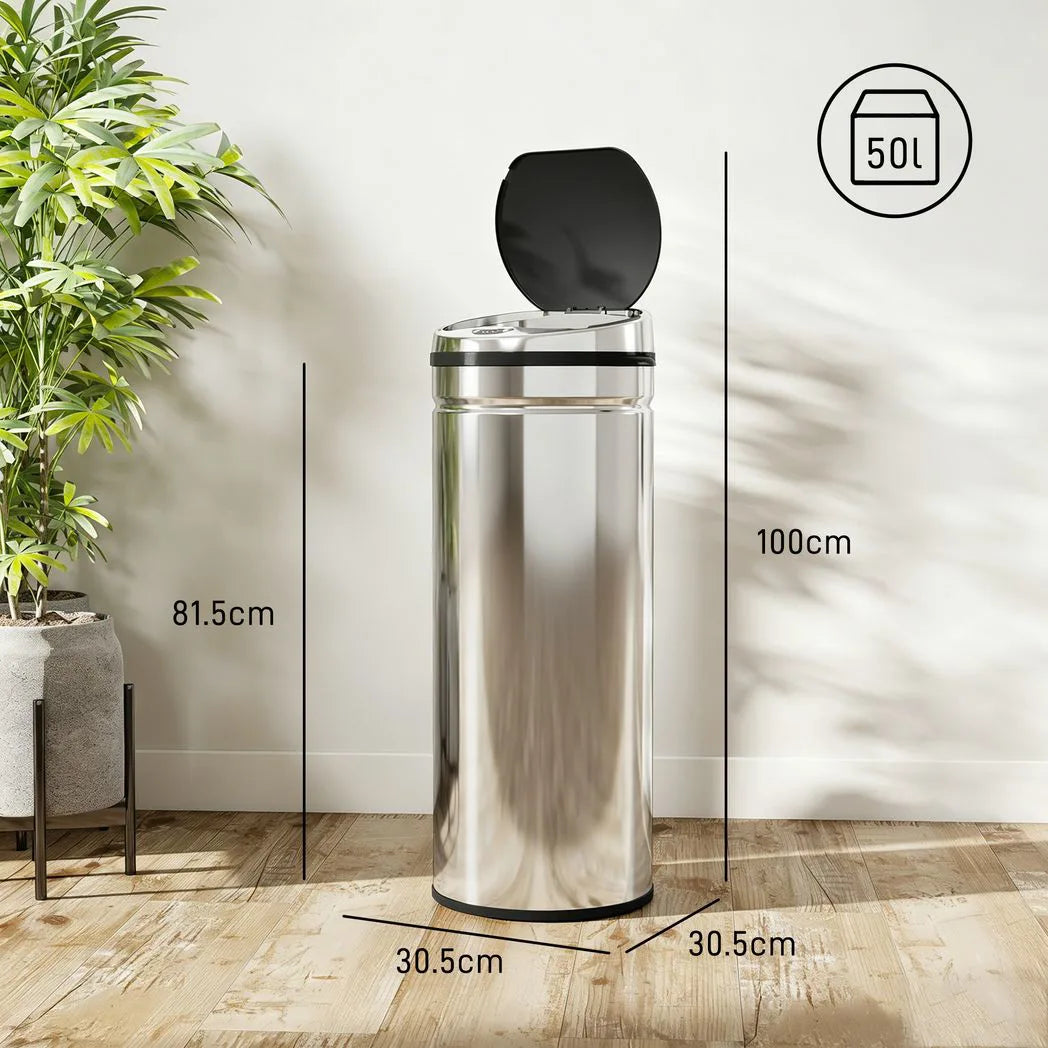 HOMCOM 50L Stainless Steel Sensor Bin with Soft-Close Lid – Touch-Free Automatic Kitchen Bin, Silver Tone