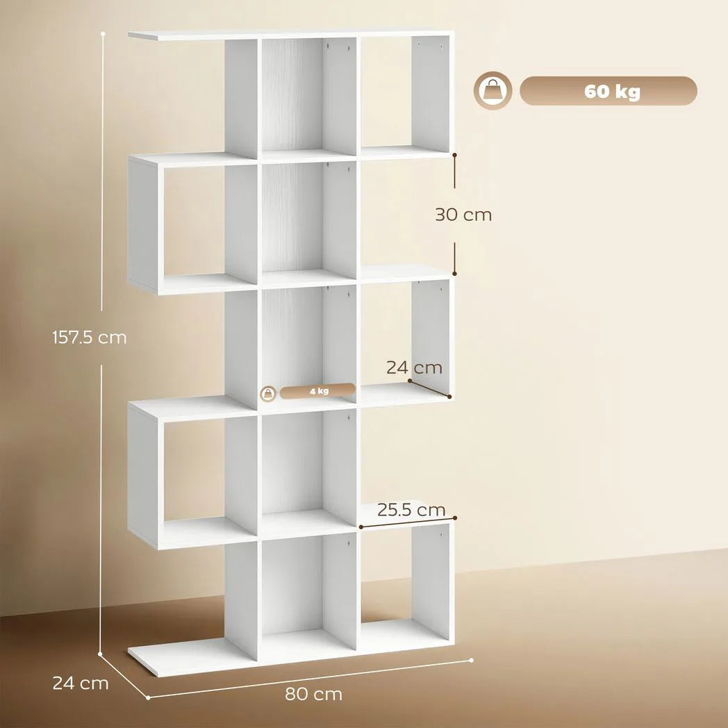 HOMCOM 5-Tier S-Shaped Bookcase with 15 Compartments – Slim Geometric Display Shelf, White Wood Effect