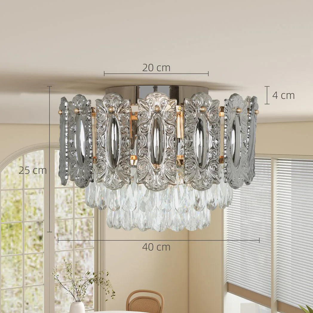 HOMCOM 3-Light Flush Mount Chandelier with Crystal and Smoke Glass – 40 cm Gold Ceiling Light