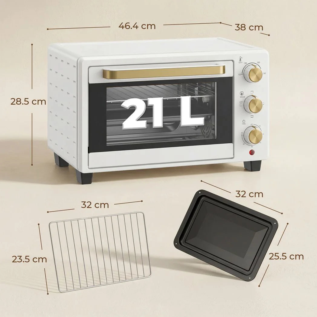 HOMCOM 21L Mini Countertop Oven with Adjustable 100–230°C Temperature and 60-Minute Timer – Compact Oven, White
