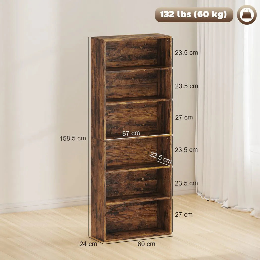 HOMCOM Six Shelf Bookcase with Adjustable Shelves and Anti-Tip Kit – Display and Storage Unit, Rustic Brown