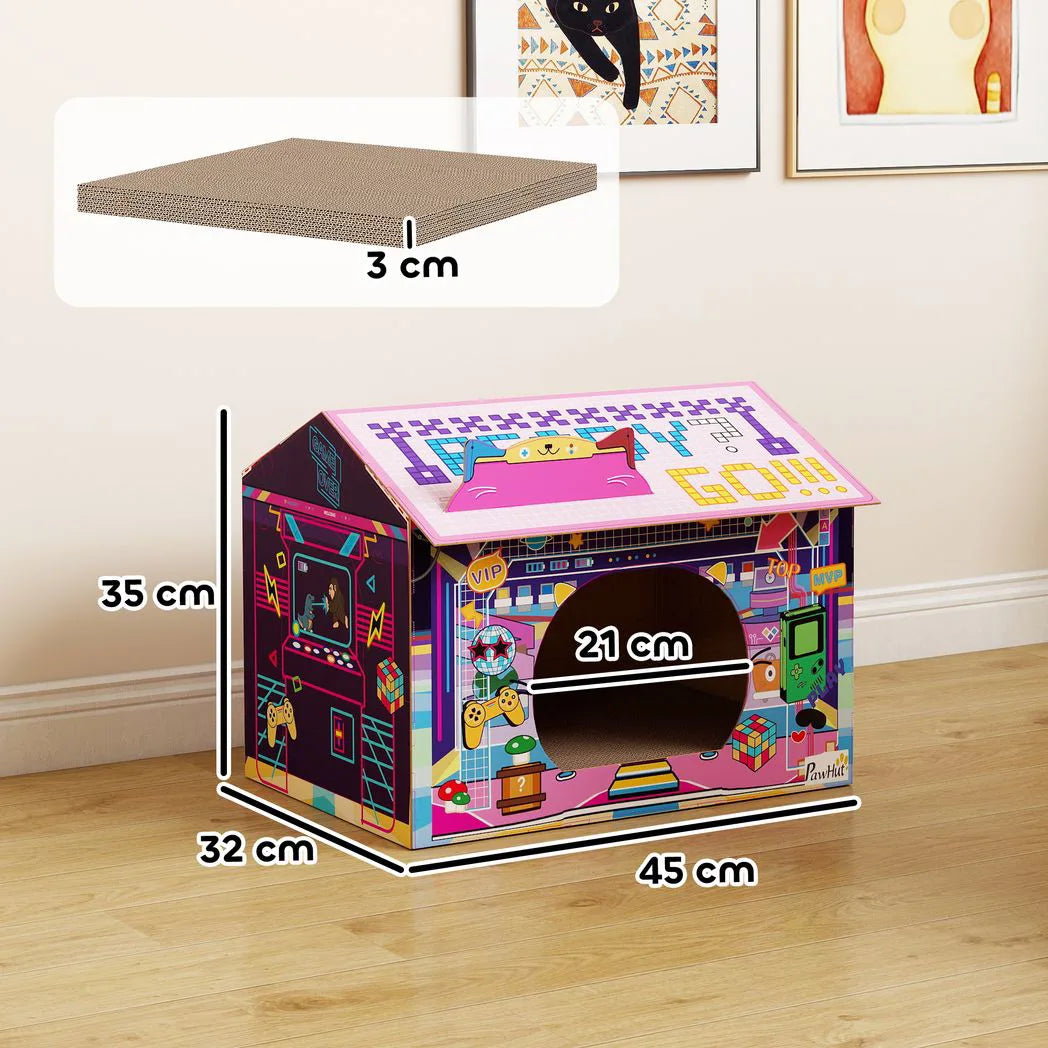 PawHut 2-in-1 Gaming-Style Cardboard Cat House with Scratching Board and Catnip – Indoor Cat Scratcher, Pink
