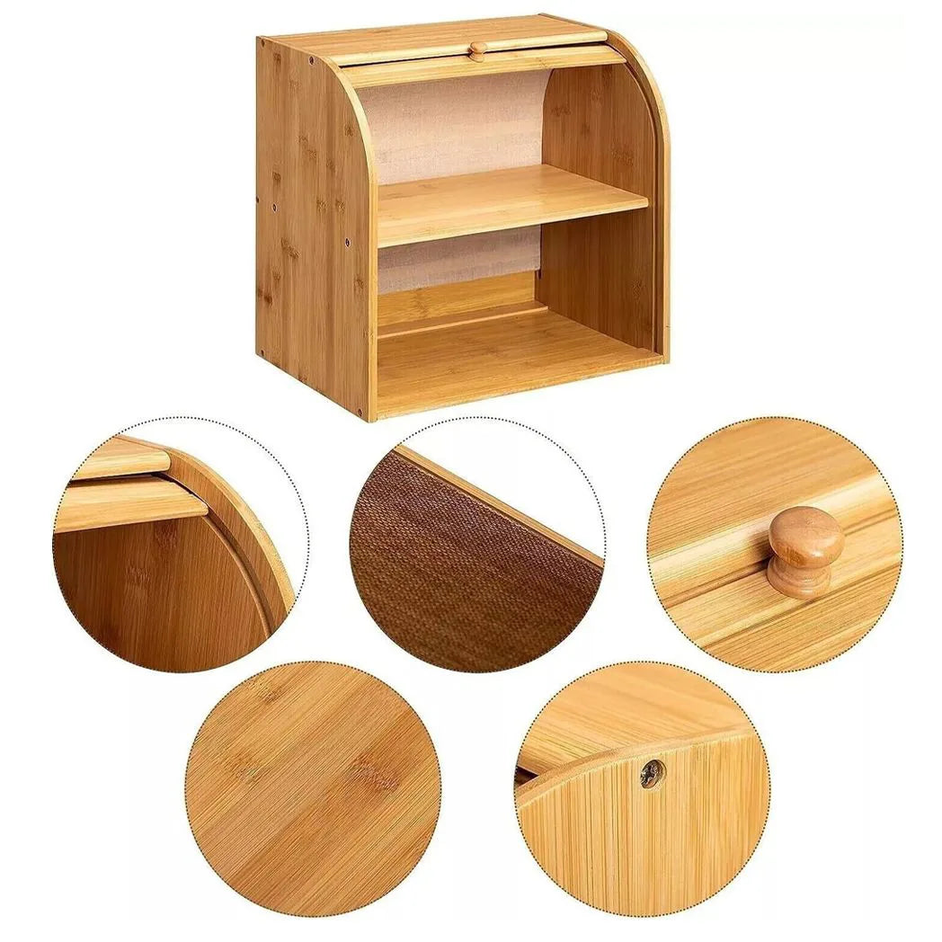 2-Tier Bamboo Bread Bin with Roll Top Lid and Sliding Door – Kitchen Food Storage Box with Food Clip