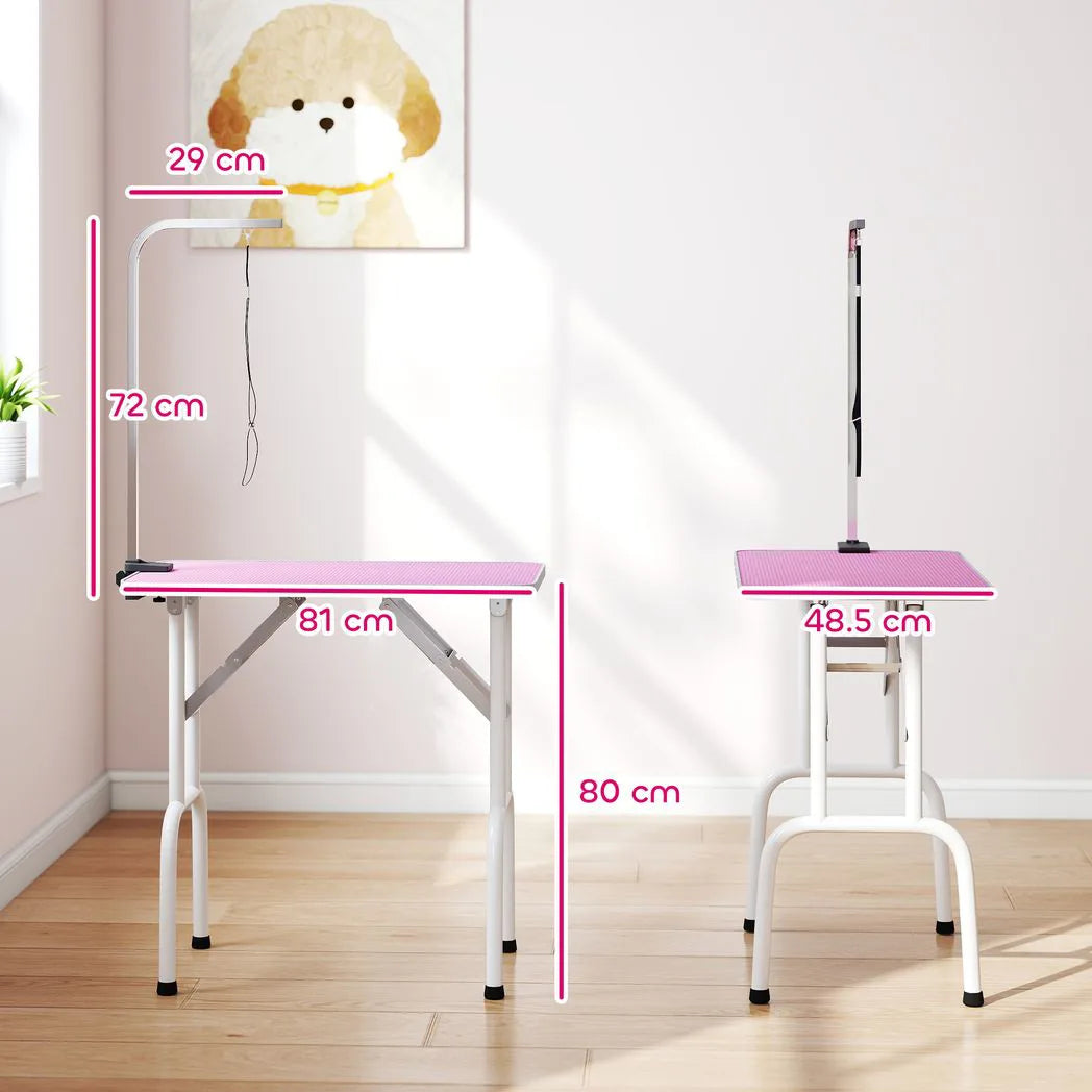 PawHut Foldable Dog Grooming Table with Adjustable Arm, Non-Slip Rubber Top and Noose – Pet Drying Table, 81cm, Pink