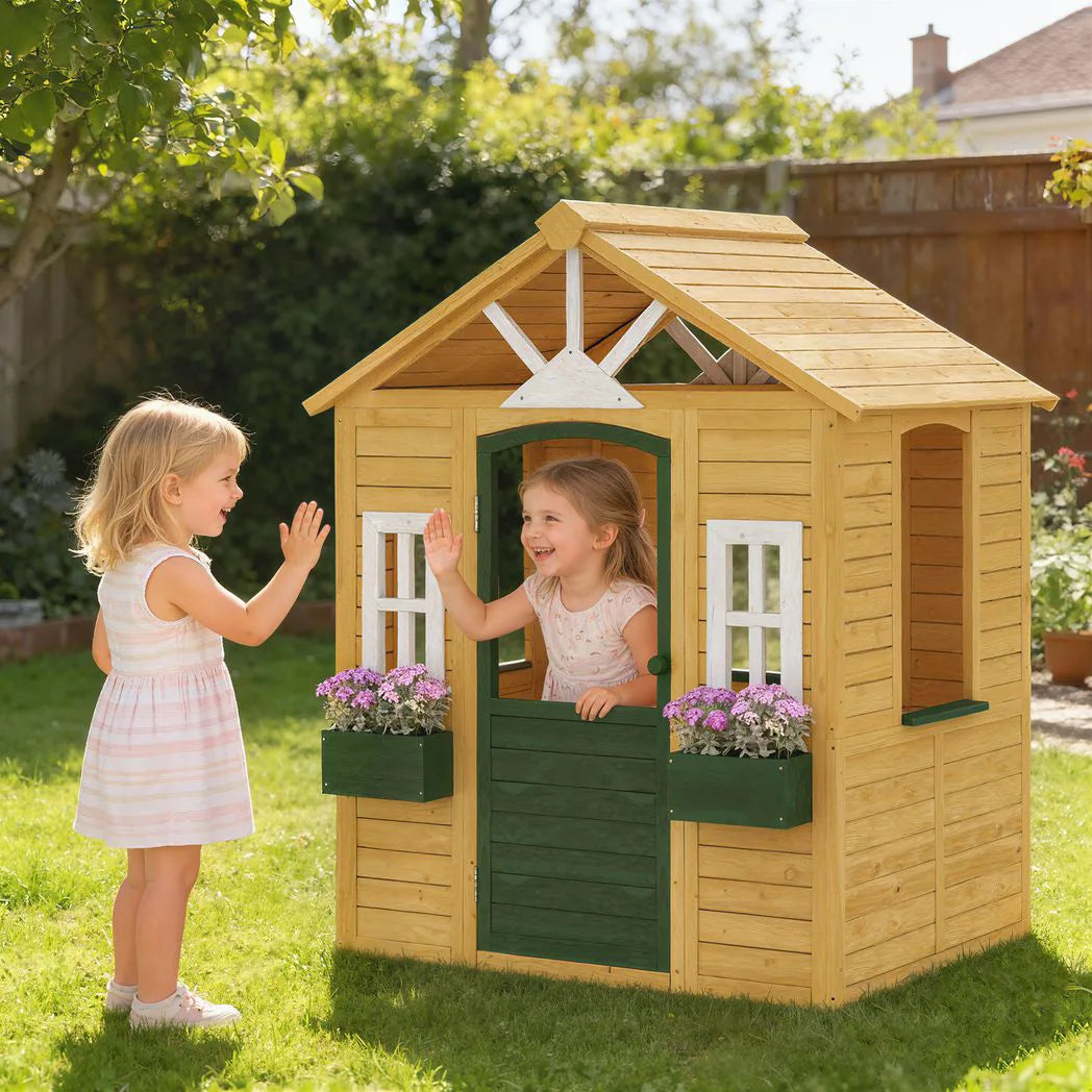 AIYAPLAY Kids Wooden Playhouse with Door, 3 Windows and 2 Flower Boxes – Garden Wendy House